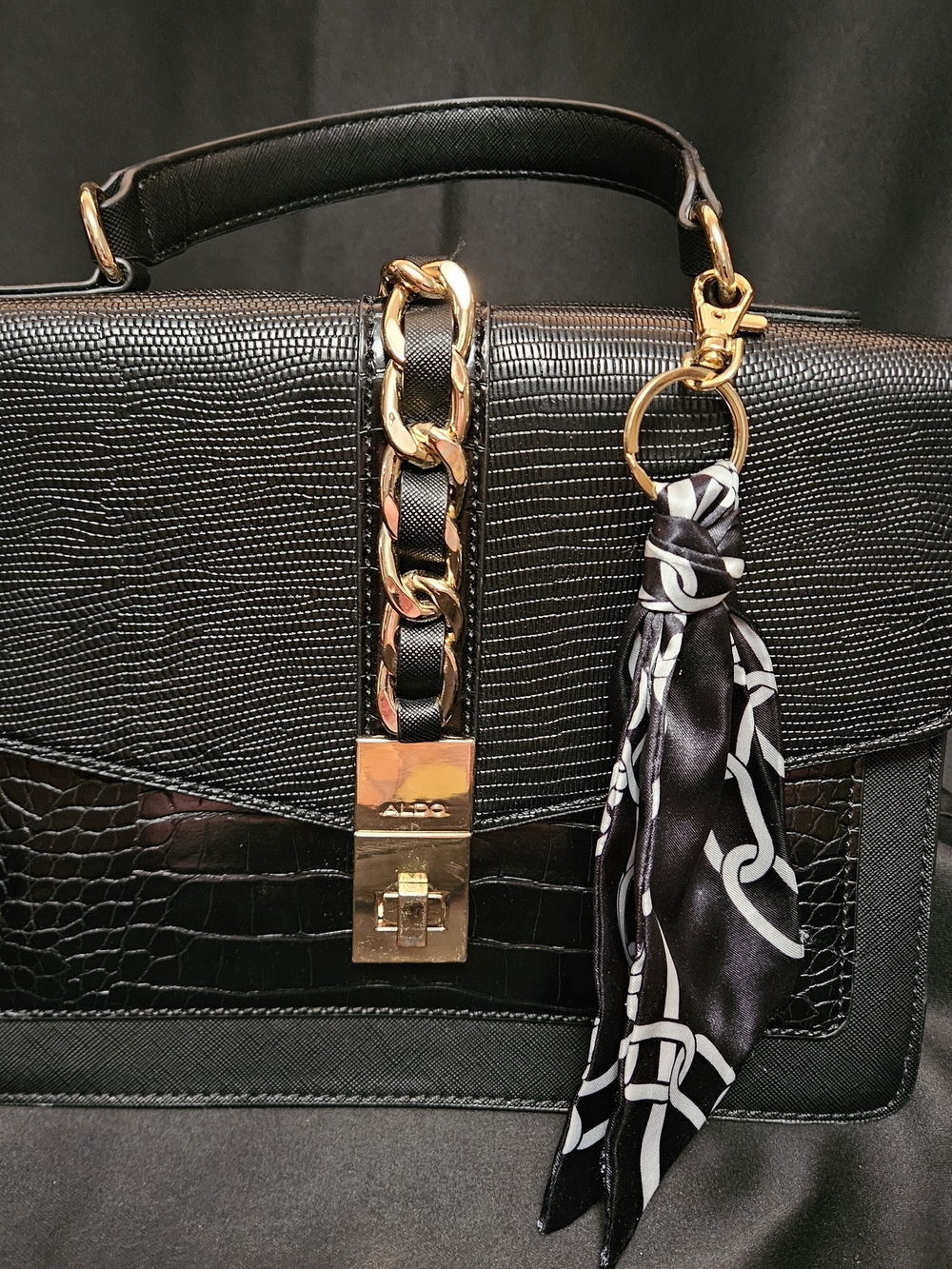 ALDO Black Textured Top-Handle Satchel with Gold Chain Detail